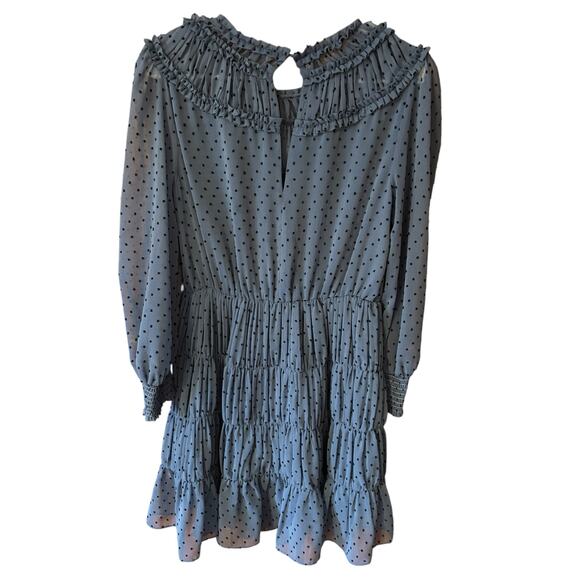 Sandro Paris Blue Smocked Mini Dress Sheer Polka Dot Ruffle Long Sleeve Small - Picture 3 of 12
